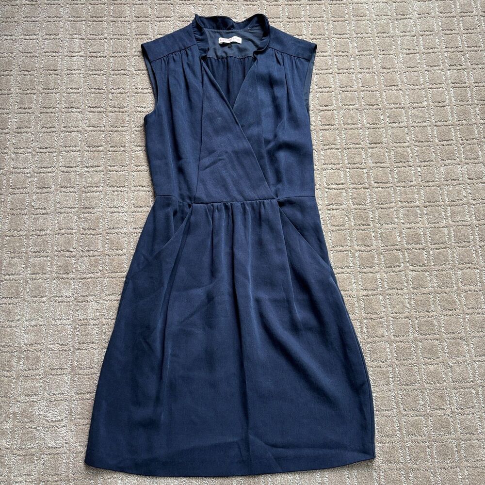 Rebecca Taylor Sleeveless Sheath Dress Women's 4 Navy Blue Lyocell Cotton V Neck